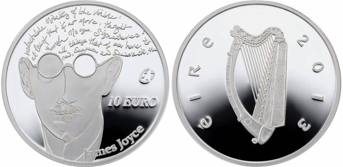 Tο επετειακό, συλλεκτικό κέρμα των 10 ευρώ που κυκλοφόρησε η Κεντρική Τράπεζα της Ιρλανδίας το 2013 για να τιμήσει τον Τζαίημς Τζόυς.